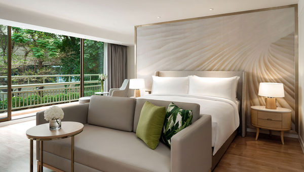 A deluxe suite bedroom at the Movenpick BDMS Wellness Resort Bangkok. A deluxe suite bedroom at the Movenpick BDMS Wellness Resort Bangkok.