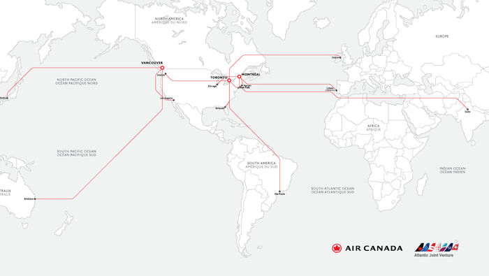 A sample view of some of the international routes available through major Air Canada hubs.