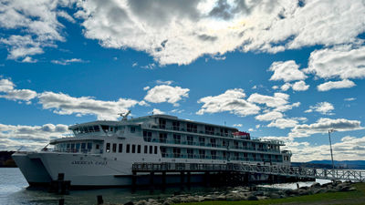 The American Eagle, an American Cruise Lines coastal catamaran docked in Milton, N.Y., during a fall foliage cruise of the Hudson River.