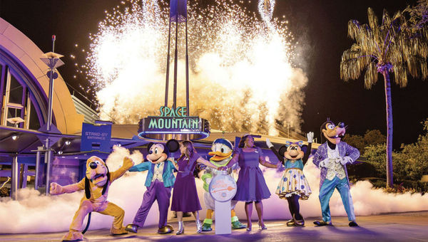 Mickey Mouse and friends, including Walt Disney World ambassadors Shannon Smith-Conrad and Serena Arvizu, celebrating the 50th anniversary of Space Mountain. Mickey Mouse and friends, including Walt Disney World ambassadors Shannon Smith-Conrad and Serena Arvizu, celebrating the 50th anniversary of Space Mountain.